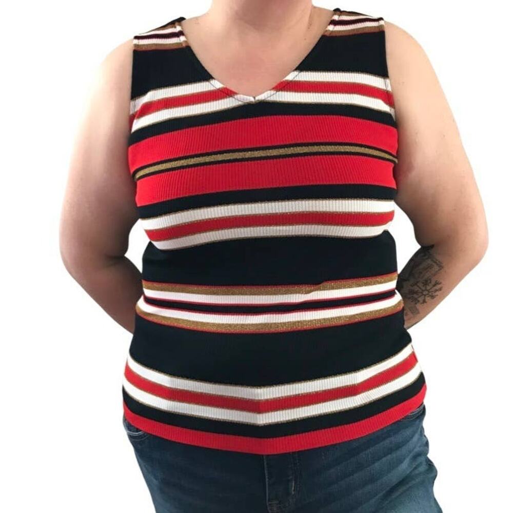 Avon Fashions Large Sleeveless Tank, White Black Red Gold Tank Top, 70s Tank Top